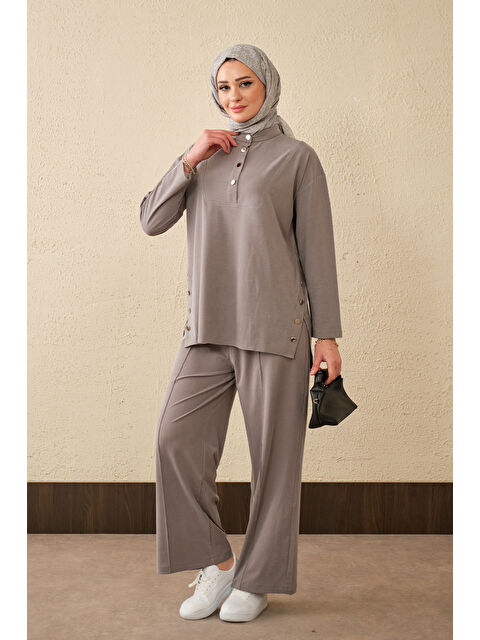 Locco Moda Kadın Yarım Kapama Düğme Detaylı Takım Gri