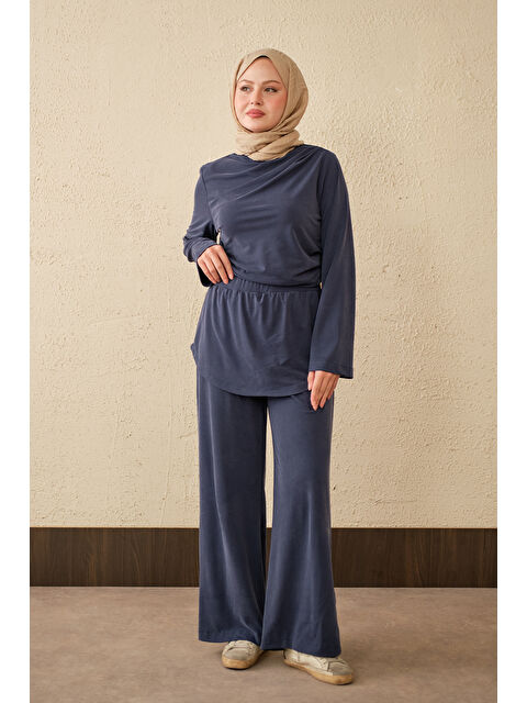 Locco Moda Kadın Yaka Büzgü Detay Takım Lacivert