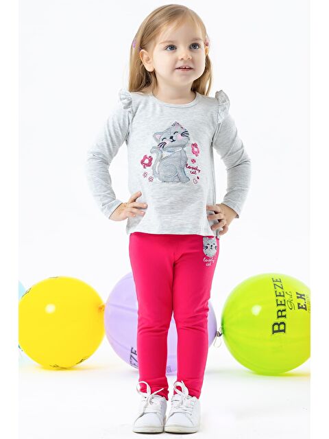 Breeze Kız Bebek Taytlı Takım Pullu Kedicik Baskılı Açık Gri Melanj (9 Ay-1.5 Yaş) - S000209141-17308