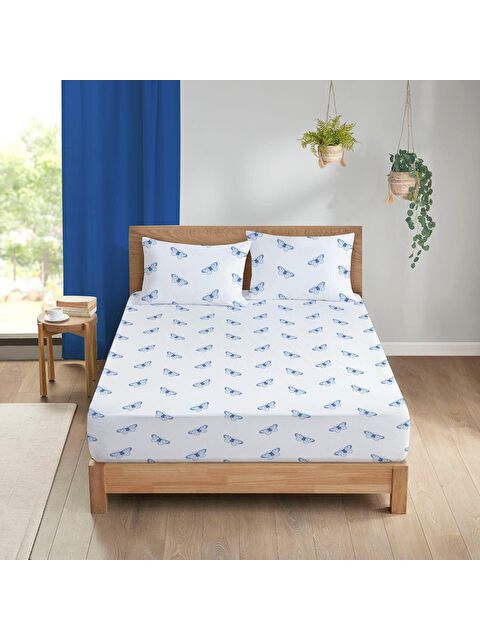 Evmila Kelebek Desen Baskılı Çift Kişilik 180x200 cm Çarşaf Seti - Beyaz - S000130742-23173