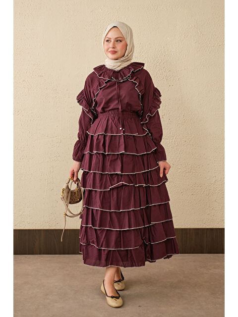 Locco Moda Kadın Kat Kat Vual Etekli Takım Bordo