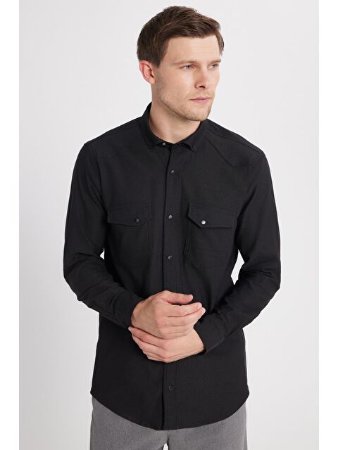 TUDORS Erkek Regular Fit Rahat Kesim Çift Cepli Spor Yaka Denim Siyah Gömlek - S000520296-19351