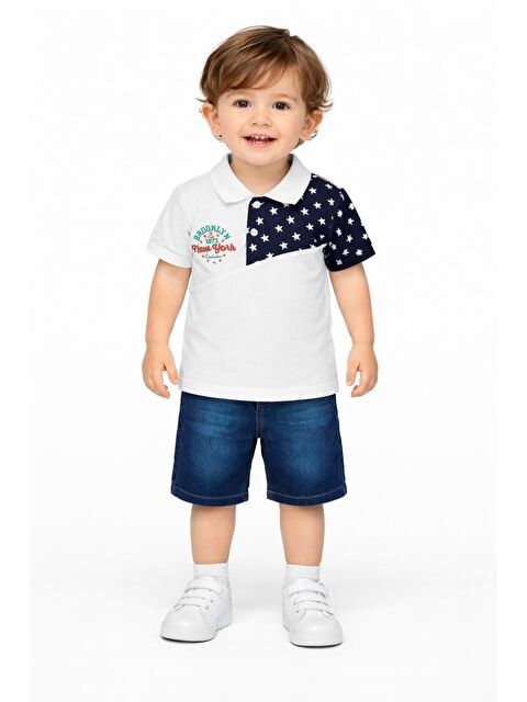 Kidex's Erkek Bebek Polo Yaka Yıldız Desenli Tişört Jean Şort 2’li Yazlık Takım