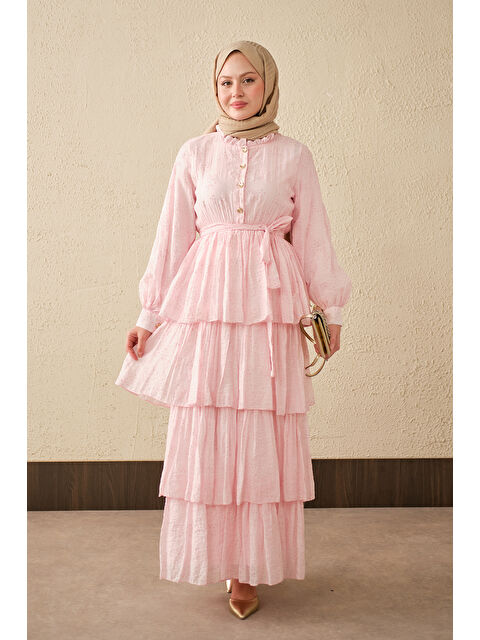 Locco Moda Kadın Beli Lastikli Gold Düğme Detaylı Volanlı Elbise Pembe