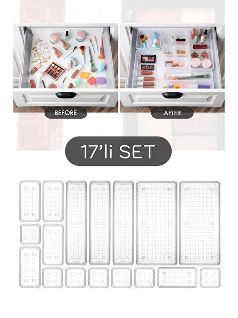 Meleni Home 17 Parça Modüler Düzenleyici Kutu Seti - Banyo Kozmetik Aksesuar Organizer Şeffaf - S000114974-26865