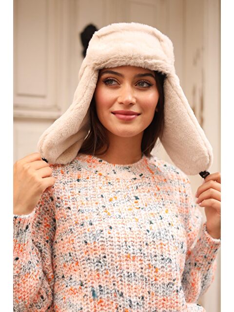 Remsa Mayo Çıtçıtlı Kürklü Kulaklıklı Peluş Bere Şapka RKŞ-03 Bej - S000122598-19928