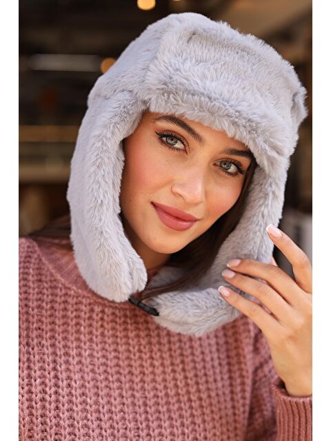 Remsa Mayo Çıtçıtlı Kürklü Kulaklıklı Peluş Bere Şapka RKŞ-03 Gri - S000122599-20600