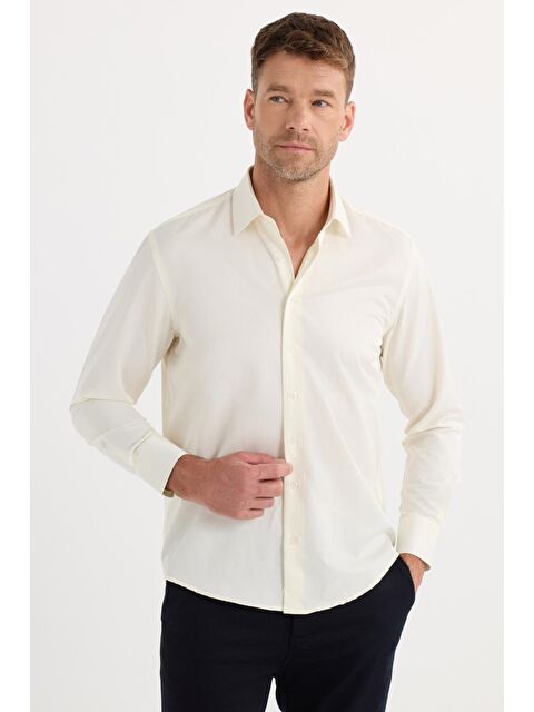 TUDORS Erkek Regular Fit Klasik Kesim Pamuklu Düz Ekru Gömlek - S000520302-19965