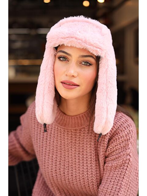Remsa Mayo Çıtçıtlı Kürklü Kulaklıklı Peluş Bere Şapka RKŞ-03 Pudra - S000122602-23490