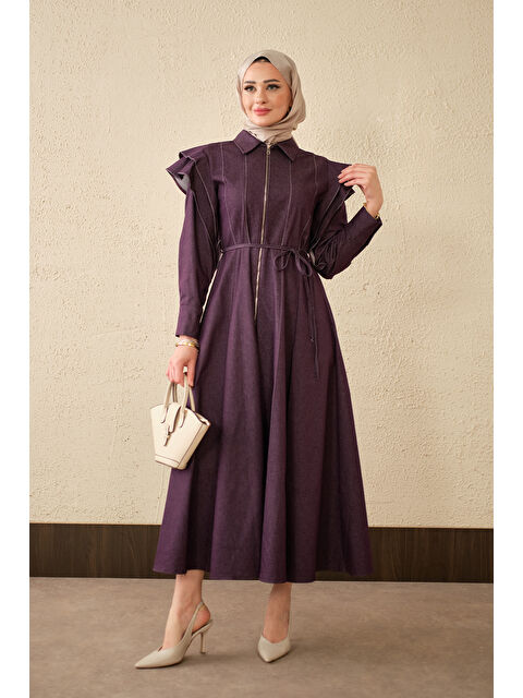 Locco Moda Kadın Dikiş Detay Omuz Büzgülü Jean Elbise Mor