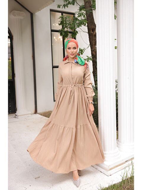 Comstar Kadın Uzun Kollu Büzgülü Tesettür Bej Uzun Elbise