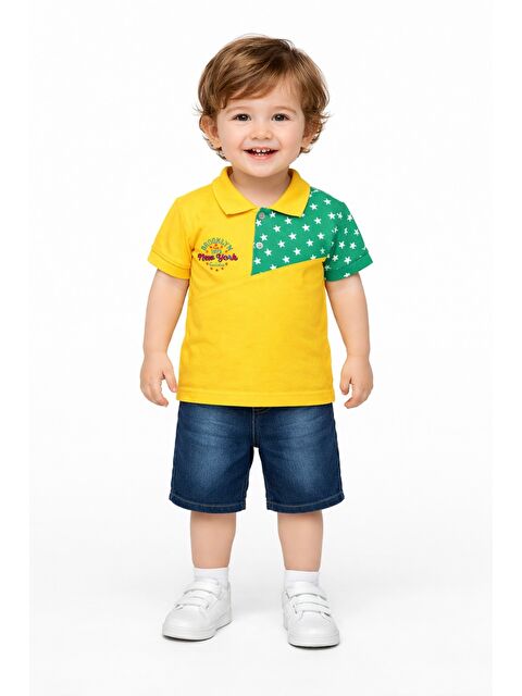 Kidex's Erkek Bebek Polo Yaka Yıldız Desenli Tişört Jean Şort 2’li Yazlık Takım