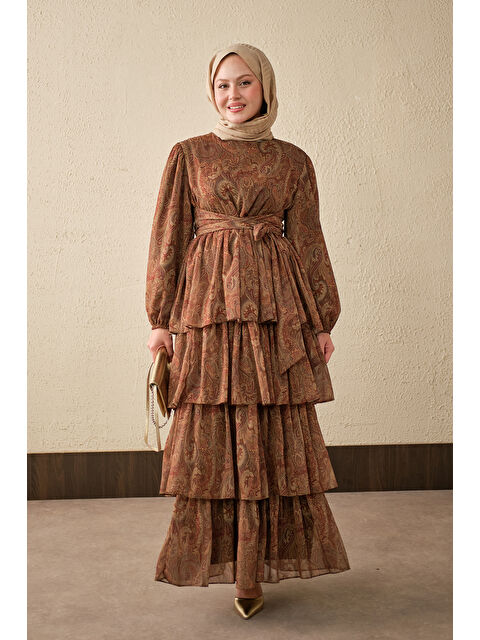 Locco Moda Kadın Etnik Desen Arkadan Bağlamalı Elbise Kahverengi