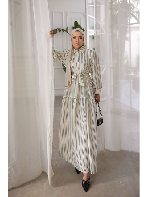 Comstar Kadın Düğmeli Salaş Çizgili Beyaz Uzun Elbise