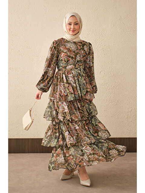 Locco Moda Kadın Etnik Desen Bel Bağlamalı Elbise Haki Yeşil