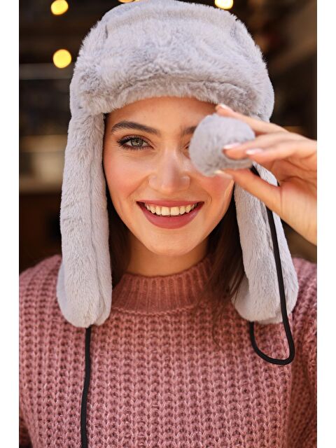 Remsa Mayo Kadın Kürklü Kulaklıklı Peluş Şapka RKŞ-04 Gri - S000122608-20600