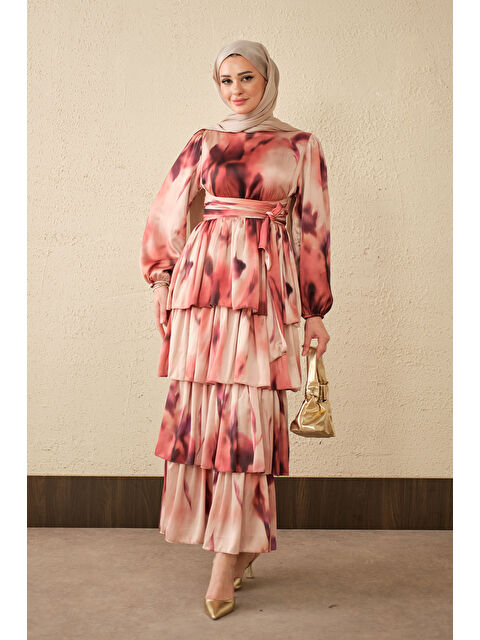 Locco Moda Kadın Etnik Desen Arkadan Bağlamalı Elbise Kiremit