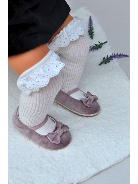 First Step Pudra Kadife Kız Bebek Lastikli İlk Adım Babet-F-542 - S000106961-23490