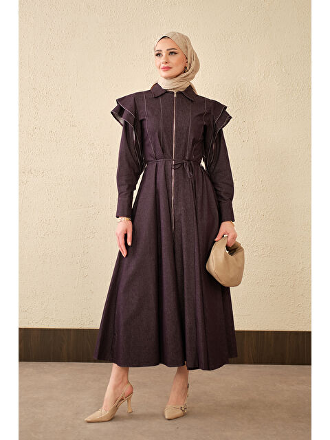 Locco Moda Kadın Dikiş Detay Omuz Büzgülü Jean Elbise Mürdüm