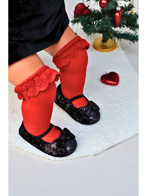 First Step Siyah Partıltılı Kadife Kız Bebek Lastikli İlk Adım Babet-F-540 - S000106962-19351