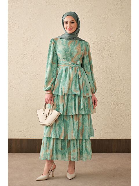 Locco Moda Kadın Kat Kat Detay Kuşaklı Astarlı Şifon Elbise Su Yeşil