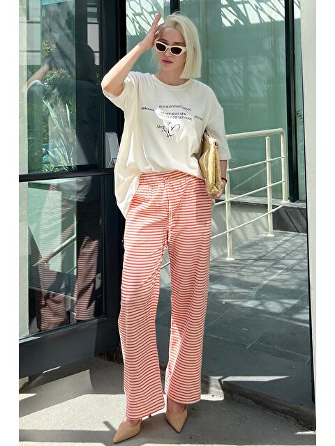 Madmext Turuncu Beli Ayarlanabilir Pamuklu Bol Paça Dökümlü Çizgili Pantolon Mg2133 - S000216100-20013