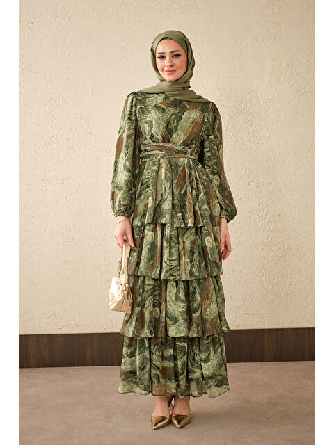 Locco Moda Kadın Kat Kat Detay Kuşaklı Astarlı Şifon Elbise Haki Yeşil