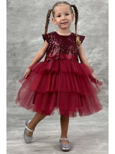 Riccotarz Kız Çocuk Üstü Pulpayet İşlemeli Katkat Bordo Abiye 4-7 Yaş - S000114515-19951