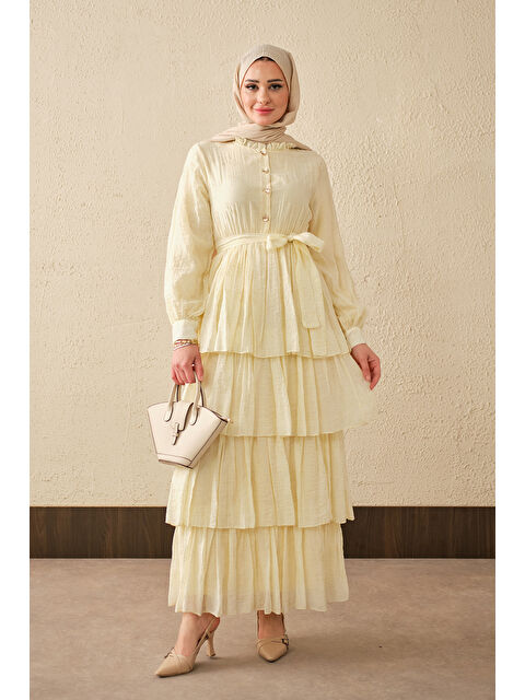 Locco Moda Kadın Beli Lastikli Gold Düğme Detaylı Volanlı Elbise Sarı