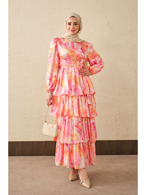 Locco Moda Kadın Karışık Desen Bel Bağlamalı Saten Elbise Pembe