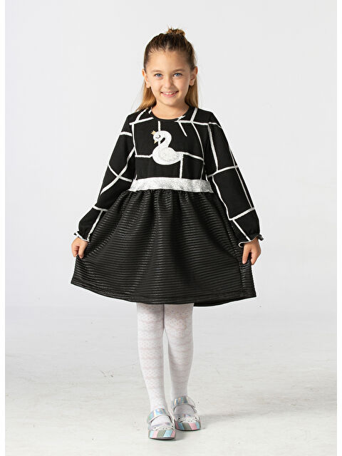 Casabony Swan Jakarlı Siyah Kız Çocuk Elbise - S000263580-19351