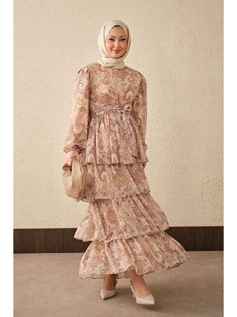 Locco Moda Kadın Etnik Desen Arkadan Bağlamalı Elbise Vizon