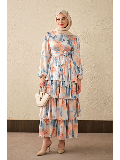 Locco Moda Kadın Karışık Desen Bel Bağlamalı Saten Elbise Somon