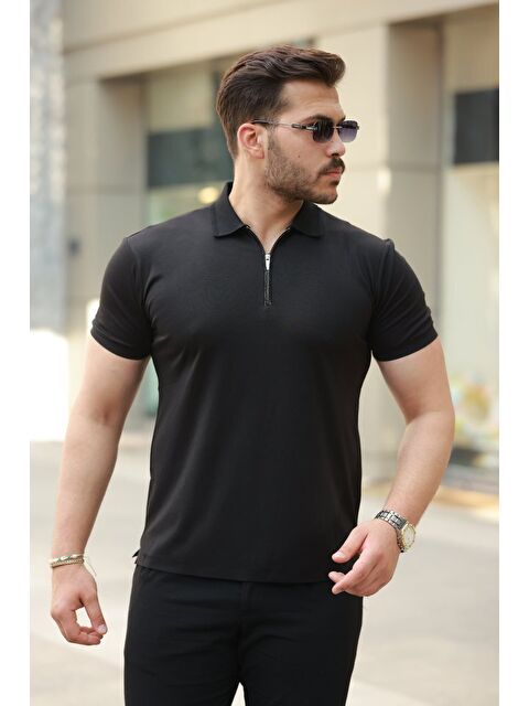 Jane's Erkek Deri Panel Detaylı Fermuar Yakalı Kısa Kollu Tişört