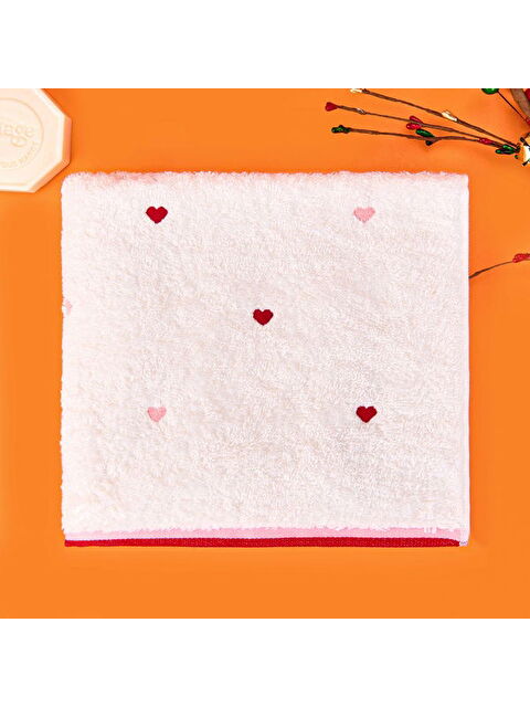 Evidea Soft Kalp Nakışlı Yüz Havlusu - Ekru / Kırmızı - 50x90 cm - S000511888-5403