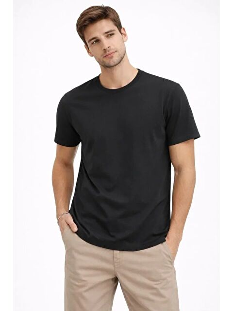 Jane's Erkek Bisiklet Yaka Tişört Regular Kalıp Basic Pamuklu Günlük Kullanım T-shirt - Siyah