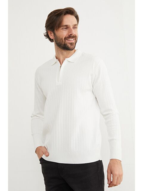 Fullamoda Fitilli Yarım Fermuarlı Polo Yaka Triko Kazak - S000434183-20063