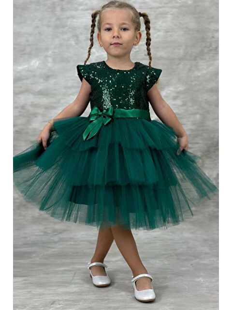 Riccotarz Kız Çocuk Üstü Pulpayet İşlemeli Katkat Yeşil Abiye 4-9 Yaş - S000114517-18194