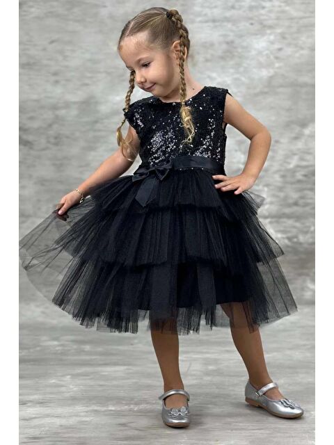 Riccotarz Kız Çocuk Üstü Pulpayet İşlemeli Katkat Siyah Abiye 4-7 Yaş - S000114518-19351