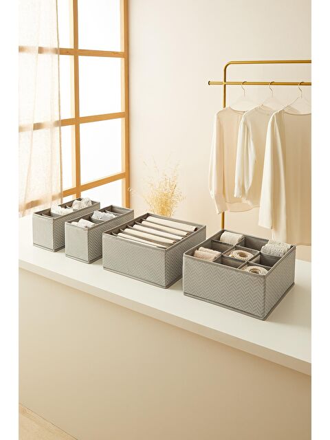 Ocean Home Textile 4'lü Bölmeli Gri Balıksırtı Çekmece İçi Düzenleyici Kutu Set - S000238553-20600