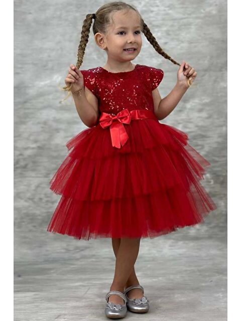 Riccotarz Kız Çocuk Üstü Pulpayet İşlemeli Katkat Kırmızı Abiye 4-7 Yaş - S000114519-20045