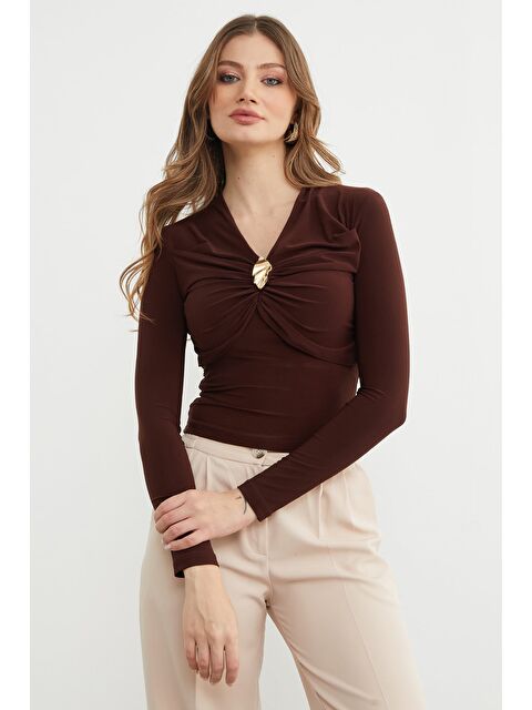 Fullamoda Drapeli Toka Detaylı V Yaka Bluz - S000494362-19413