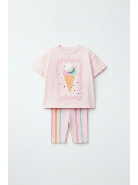 Magu Kız Çocuk Pamuklu Pembe Dondurma Desenli T-Shirt Ve Çizgili Tayt Takım - S000516260-37243