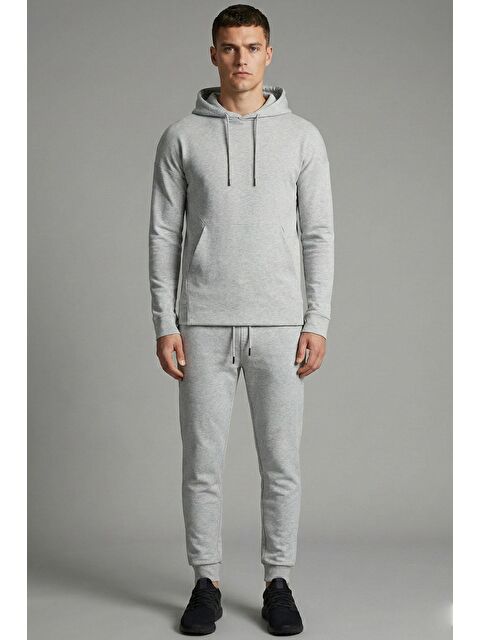 Sabri Özel Giotelli Gri Melanj Regular Fit Pamuklu Kapüşonlu Eşofman Takımı - S000525200-74