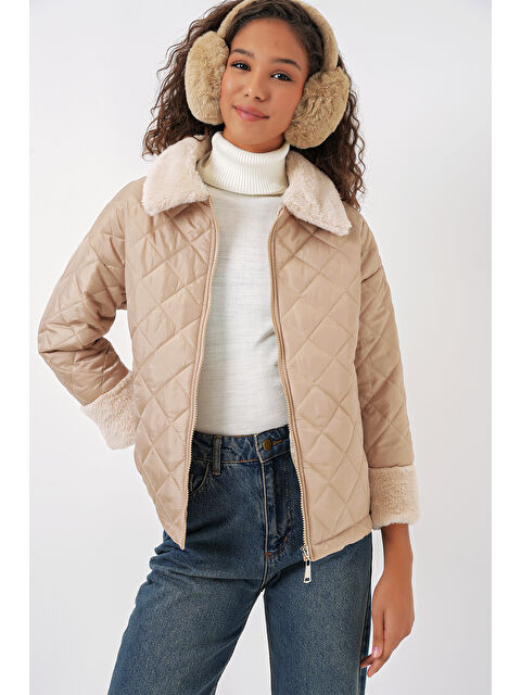 Bigdart 5202 Pelüş Detaylı Kapitone Mont   Bej - S000324848-19928