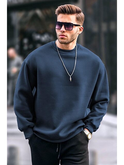 Madmext Lacivert Bisiklet Yaka Oversize Şardonlu Basic Erkek Sweatshirt 6048 - S000061227-21164
