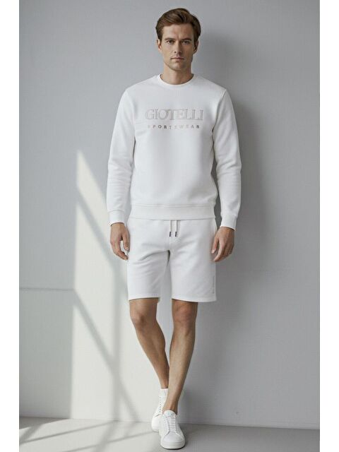 Sabri Özel Giotelli Ekru Regular Fit Pamuk Karışımlı Bisiklet Yaka Şortlu Erkek Eşofman Takımı - S000525203-19965