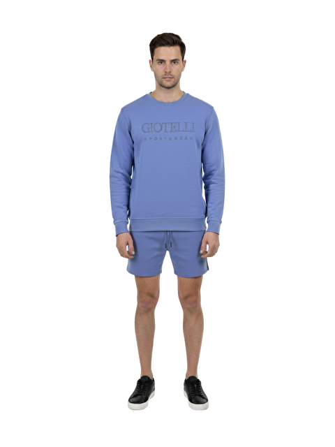Sabri Özel Giotelli Mavi Regular Fit Pamuk Karışımlı Bisiklet Yaka Şortlu Erkek Eşofman Takımı - S000525205-17234