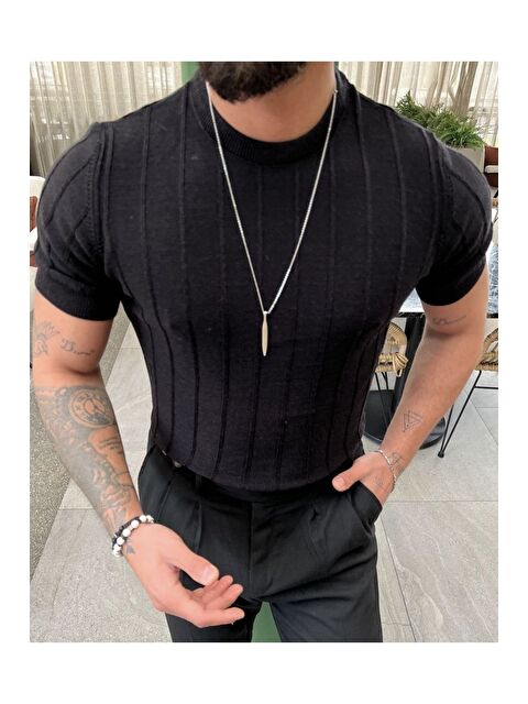 Tarz Cool Siyah Erkek Yuvarlak Yaka Örme T shirt - S000336090-19351