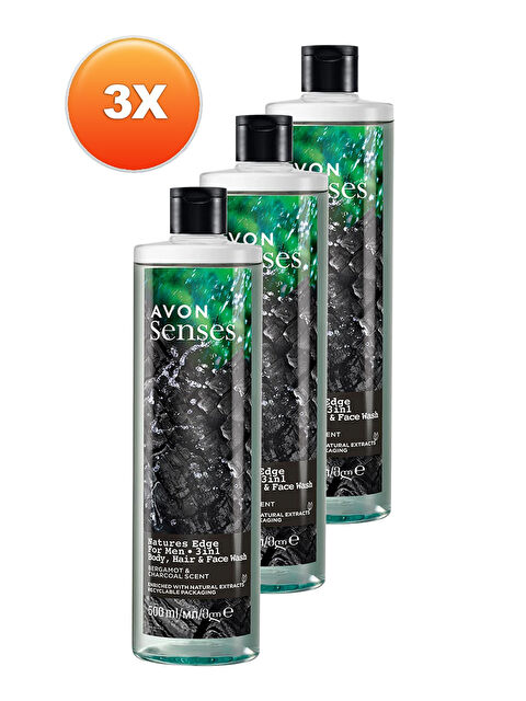 AVON Senses Natures Edge Erkekler için Saç Vücut ve Yüz Yıkama 500 Ml. Üçlü Set - S000285476-10231